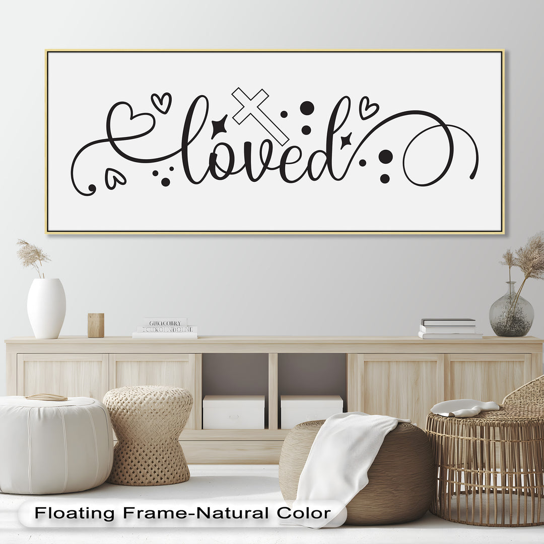 Minimal Christian Oil Painting – “Loved” Cross & Heart Symbol Design
