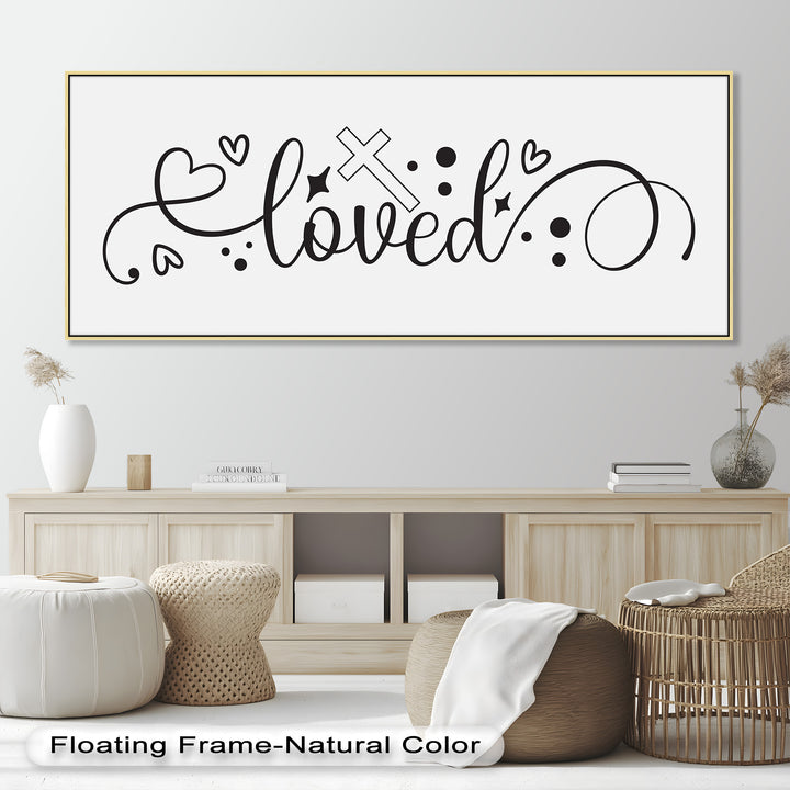 Minimal Christian Oil Painting – “Loved” Cross & Heart Symbol Design
