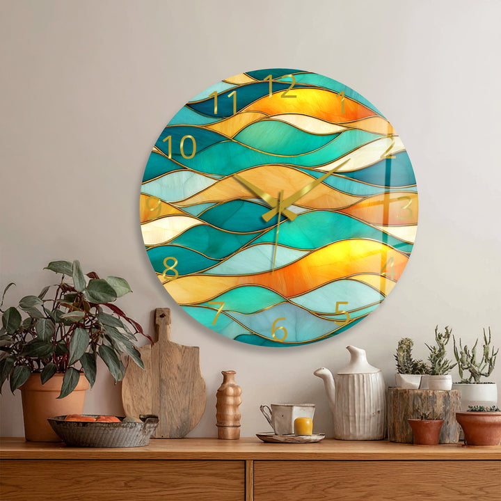 Turquoise Wave Glass Wall Clock – Abstract Stained Glass Decor