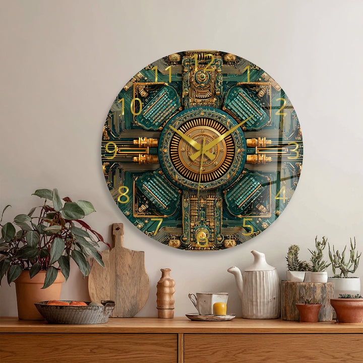Steampunk-Wanduhr aus Glas – goldenes mechanisches Zahnraddekor
