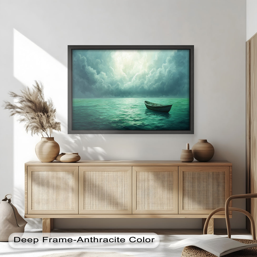 Solitude Adrift – Serene Empty Rowboat Oil Painting