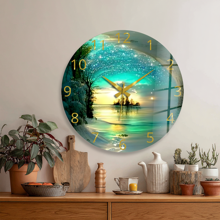 Enchanted Lake Glass Wall Clock – Turquoise Fantasy Landscape
