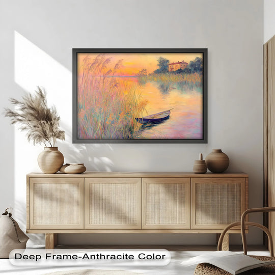 Sunlight casts long shadows across the modern oil painting art depicting golden reeds and a tranquil rowboat on the lake at sunset.