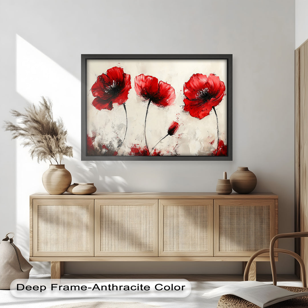 Crimson Elegance – Bold Red Poppies on Cream Flower Oil Painting