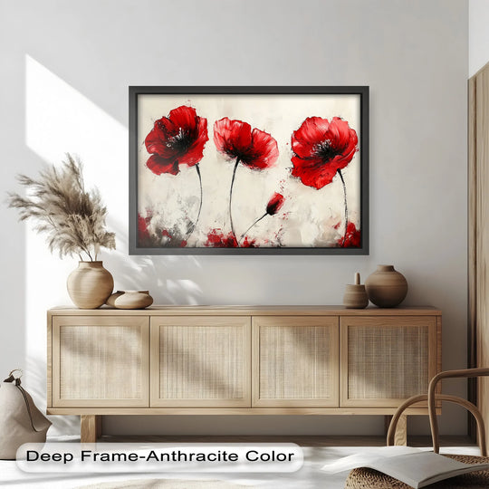 Expressive brushstrokes create a sense of vibrant movement within this crimson poppy oil painting decoration, showcasing the elegant dance of bold red blooms on a cream canvas.