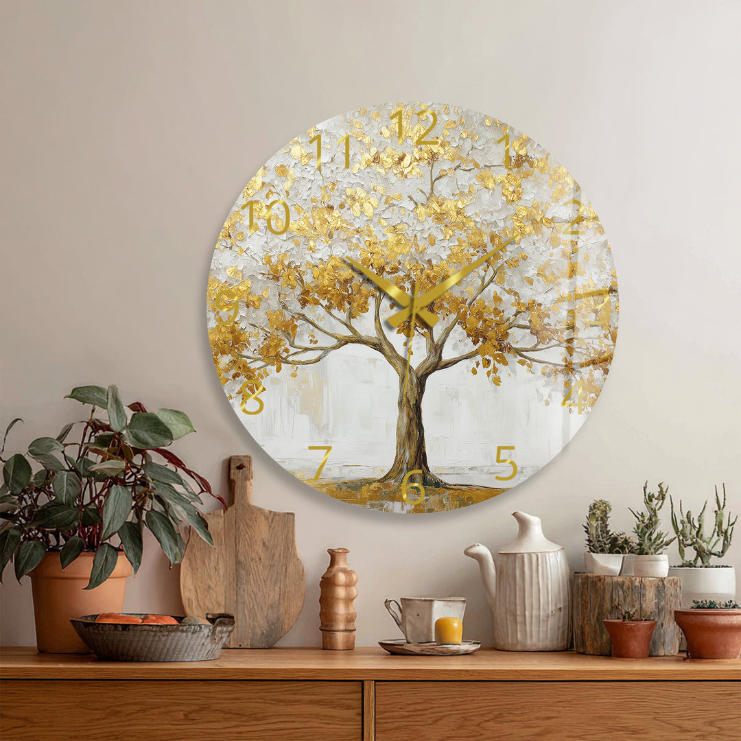 Gold Tree of Life Glass Wall Clock – White and Gold Modern Decor