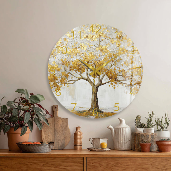 Gold Tree of Life Glass Wall Clock – White and Gold Modern Decor