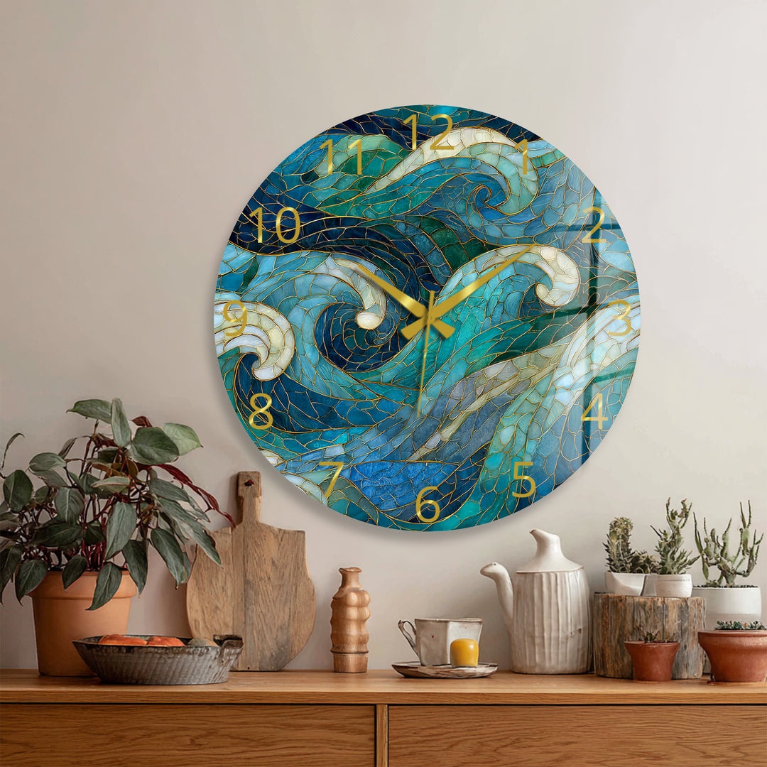 Blue Wave Glass Wall Clock – Abstract Stained Glass Style