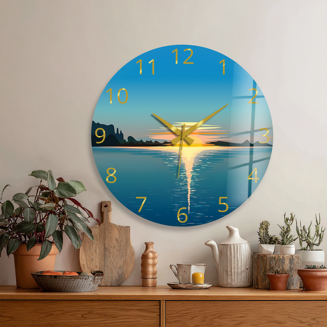 Minimalist Ocean Sunset Glass Wall Clock – Coastal Decor