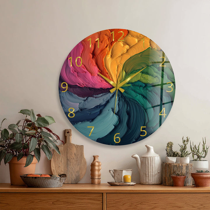 Colorful Abstract Glass Wall Clock – Rainbow Oil Painting Art
