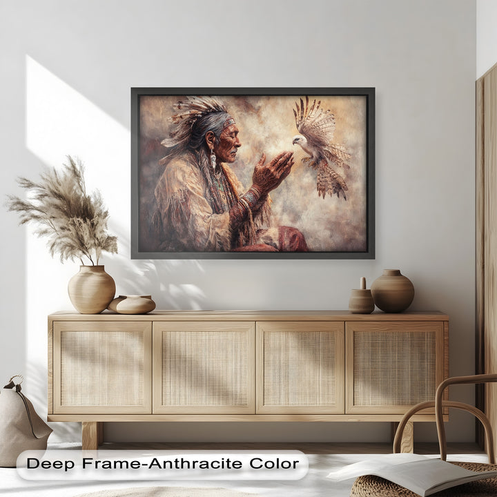 Whisper to the Spirit – Native Elder and Falcon Oil Painting