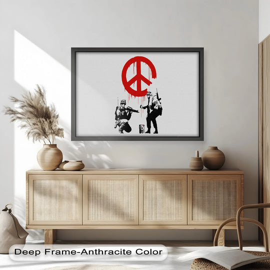 With a fine art finish, the modern oil painting art presents a striking Banksy 'Peace Spray' painting with stark lines and bold colors.