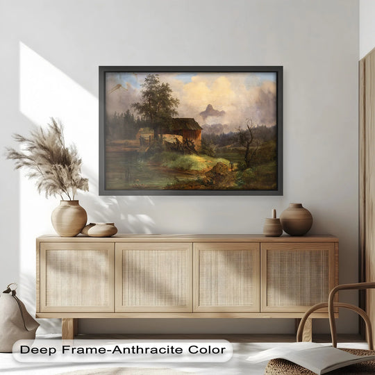 Color transitions define the muted tones in this vintage oil painting wall art, depicting a rustic watermill scene under a hazy sky.