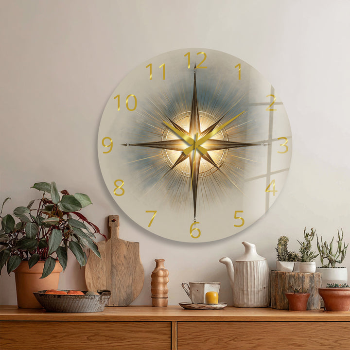 Gold Compass Rose Glass Wall Clock – Elegant Nautical Decor