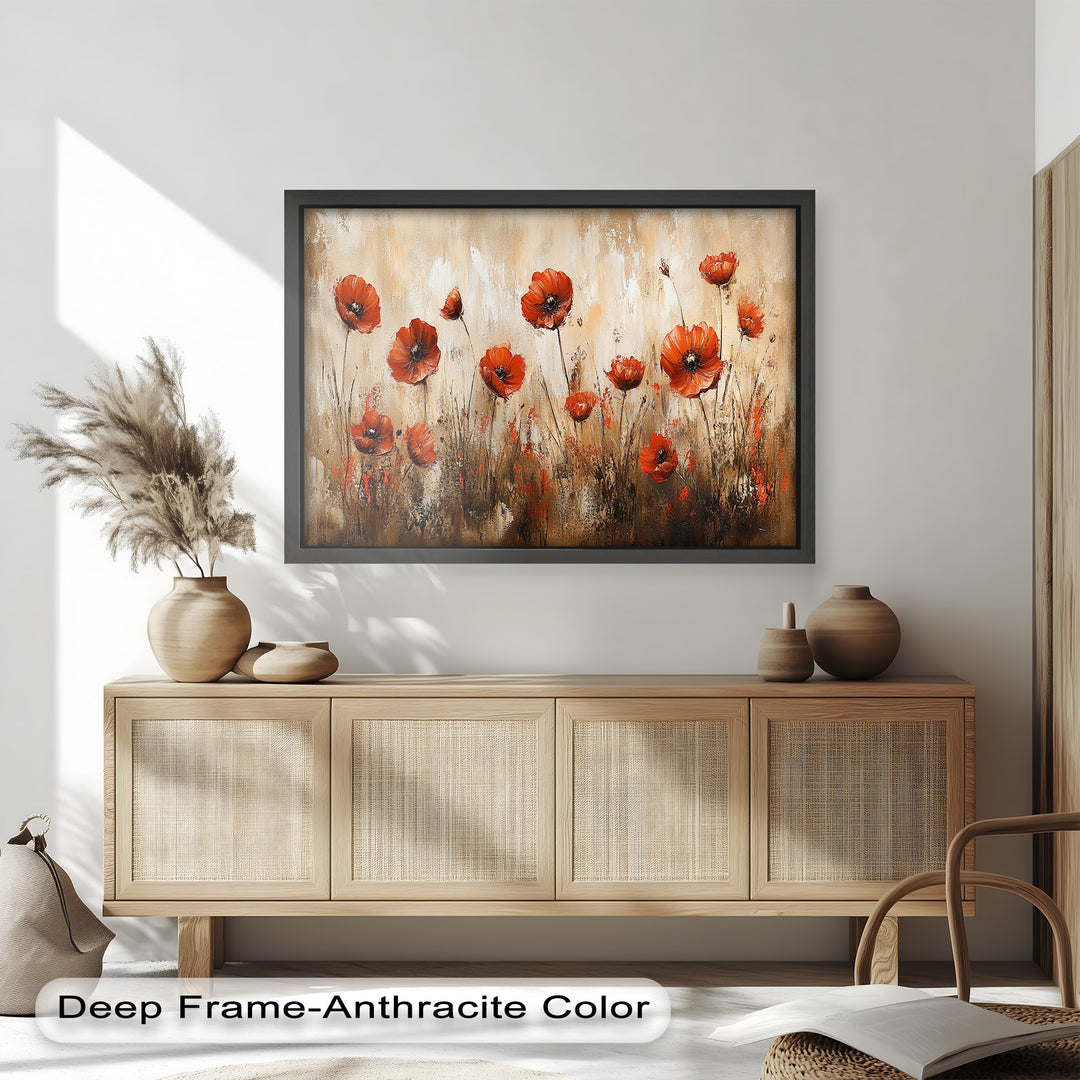 Fiery Meadow – Scarlet Poppies in Earth-Toned Field Flower Oil Painting