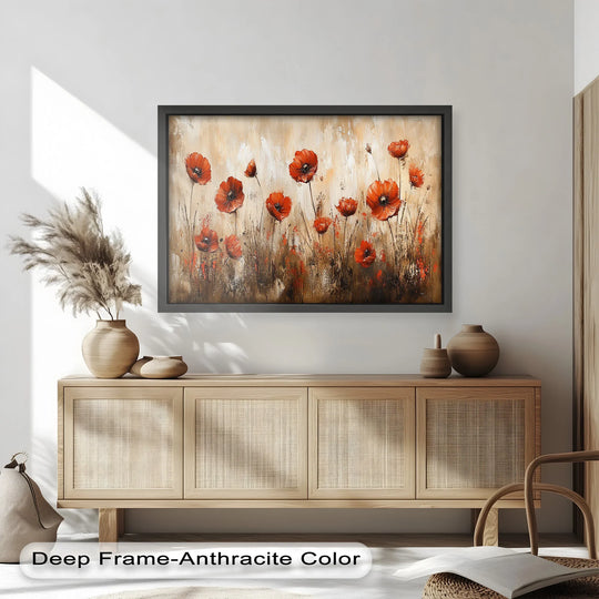 The fiery meadow oil painting art prints showcase a striking color transition as scarlet poppies bloom against a textured, earth-toned field.