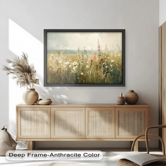 Subtle light illuminates the wildflower meadow in this serene oil painting, casting soft shadows to accentuate the depth and texture of the oil painting art prints.
