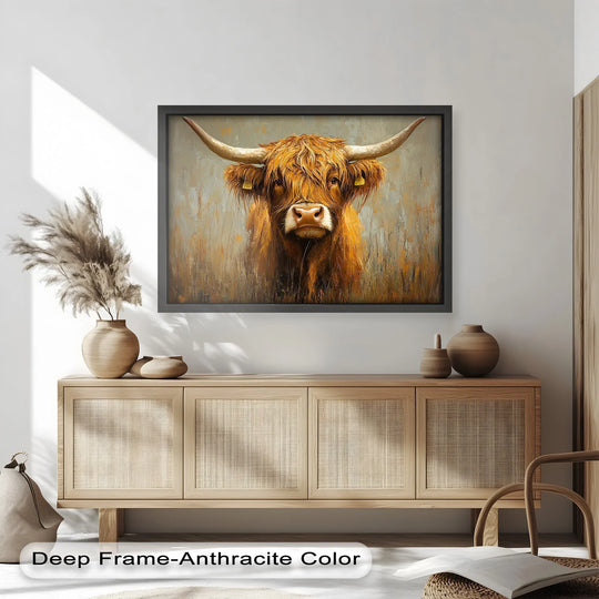 Geometric analysis of the highland cow oil painting art prints reveals a strong contrast between the subject's curves and the rectangular frame.