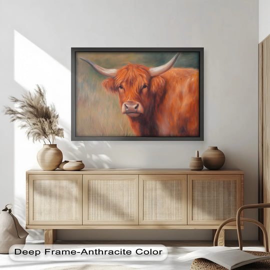 Featuring rich color saturation, this Highland Cow oil painting decoration captures the warm animal wall art with exceptional depth and vivid earth tones.