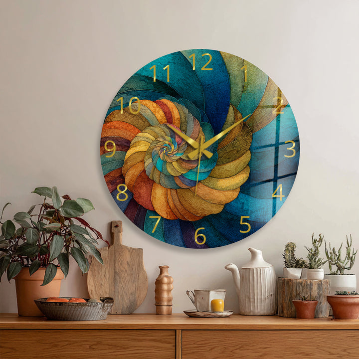 Abstract Spiral Glass Wall Clock – Teal and Gold Swirl Art