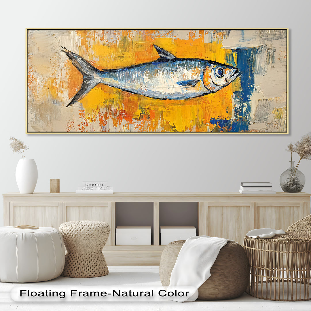 Blue Fish on Vibrant Yellow Background - Animal Oil Painting