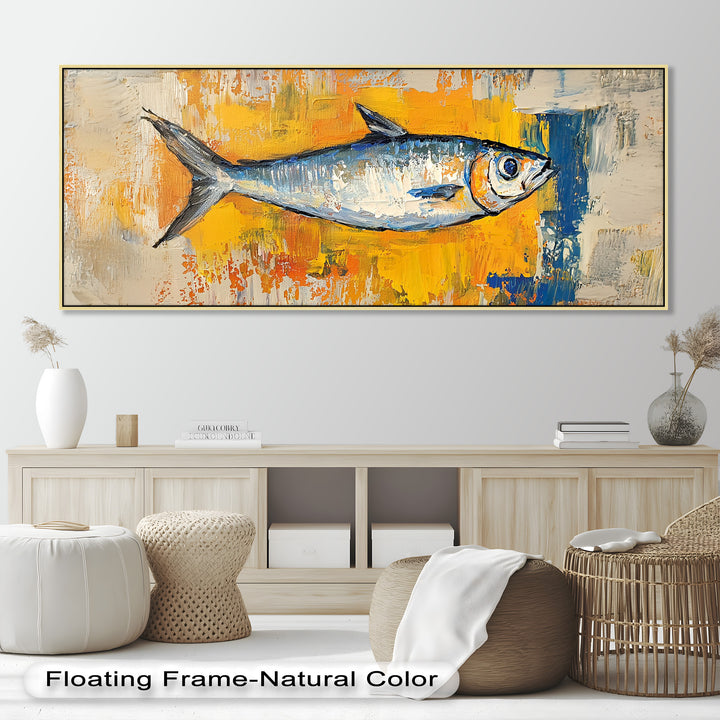 Blue Fish on Vibrant Yellow Background - Animal Oil Painting