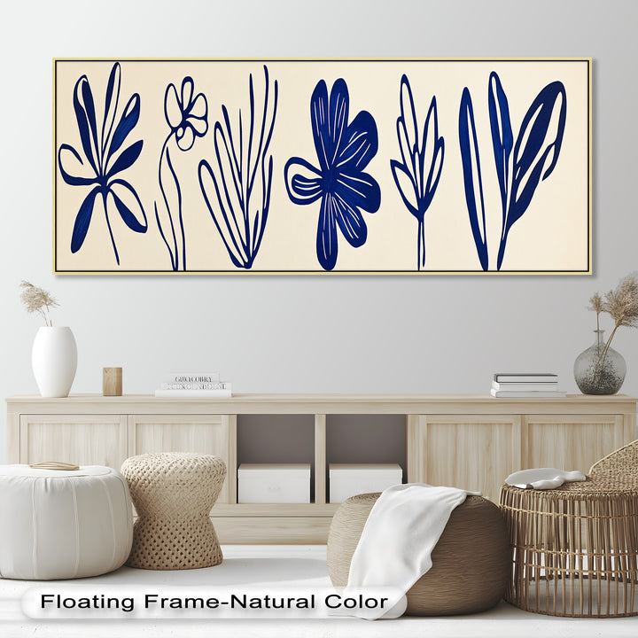 Indigo Bloom Line Art – Minimalistisches florales Ölgemälde