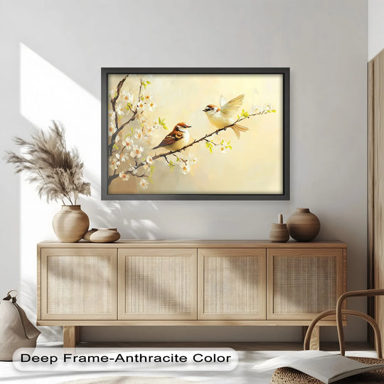 Considering the abstract quality, this vibrant oil painting art prints depicts a conversation between two sparrows, offering a textured and evocative scene of springtime serenity.