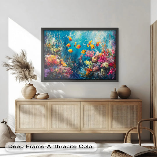Painted backdrop of blue water and colorful coral creates a vibrant scene for the golden fish in this animal oil painting art prints.