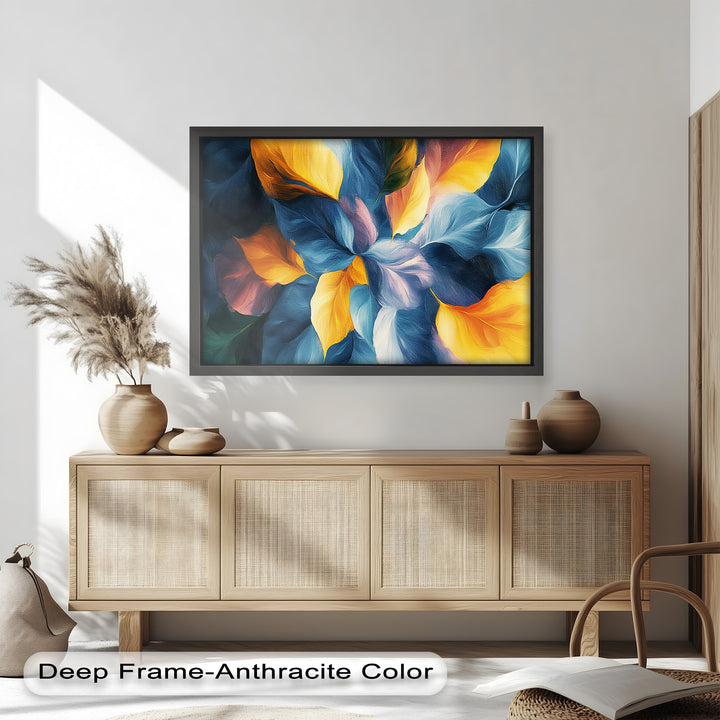 Expressive floral composition with golden leaves and deep blue tones.

