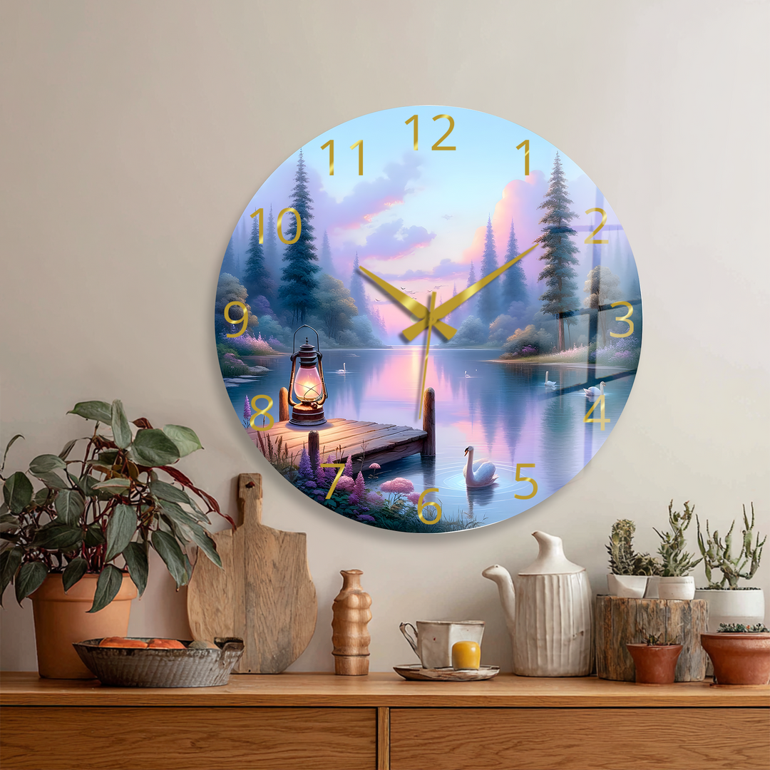 Swan Lake Glass Wall Clock – Pastel Forest Landscape