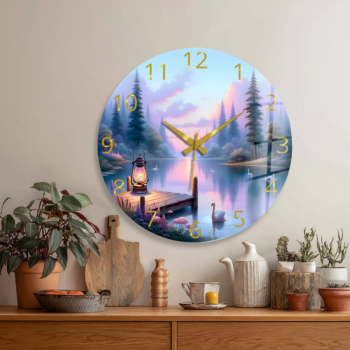 Swan Lake Glass Wall Clock – Pastel Forest Landscape