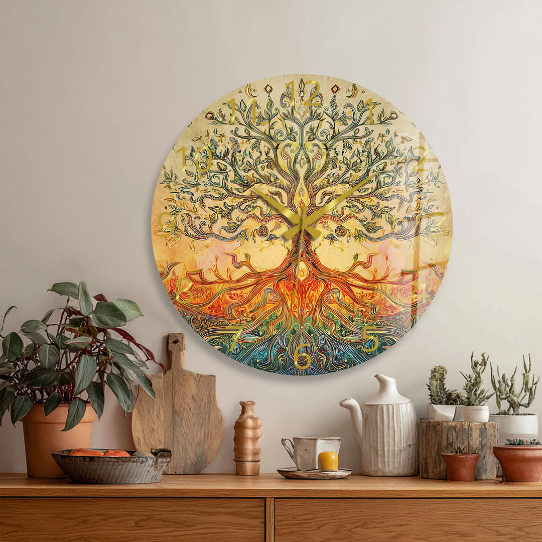 Golden Tree of Life Glass Wall Clock – Boho Botanical Decor