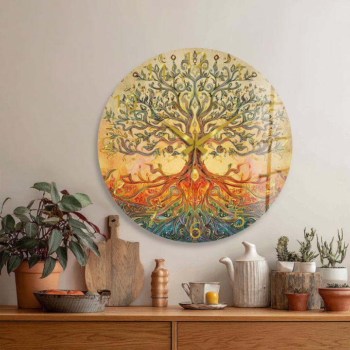 Golden Tree of Life Glass Wall Clock – Boho Botanical Decor