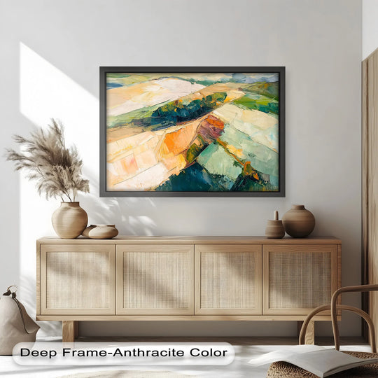 Dominant orange and green hues define this Golden Divide abstract landscape fields oil painting, a vibrant oil painting reproduction print of modern art.