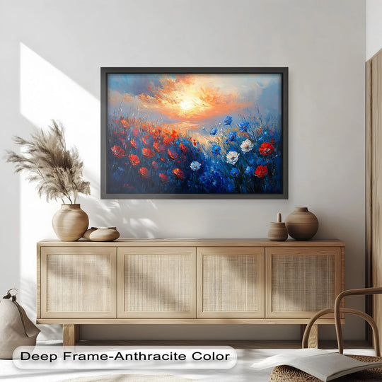 The brightest area showcases a vibrant sunset in this wildflower oil painting art prints, illuminating the textured floral field with a symphony of color and horizon light.