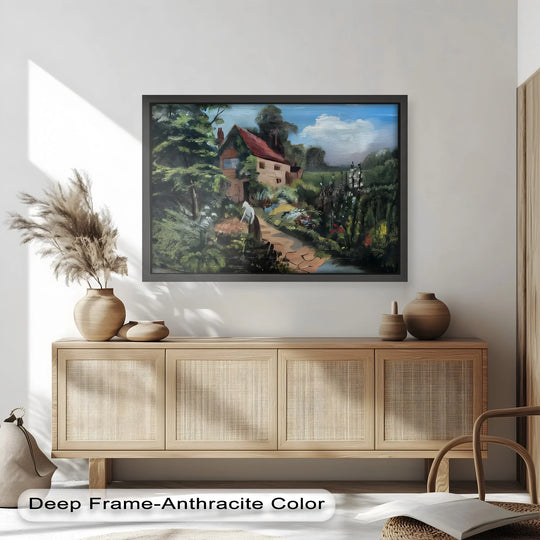 Light and shadow accentuates the vivid details of this cottage garden path oil painting art piece, highlighting the pathway to the house.