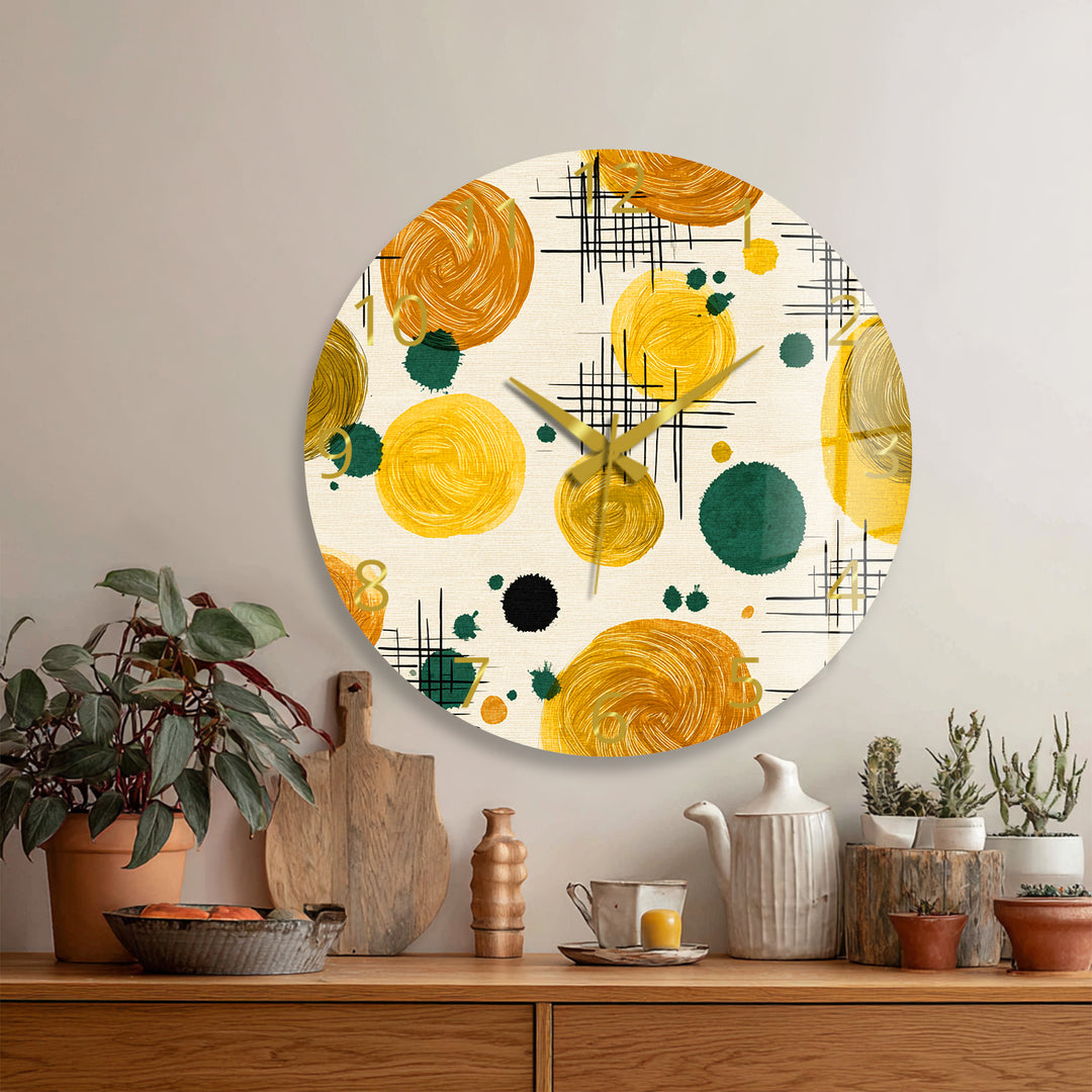 Mustard Yellow Glass Wall Clock – Retro Abstract Circle Art
