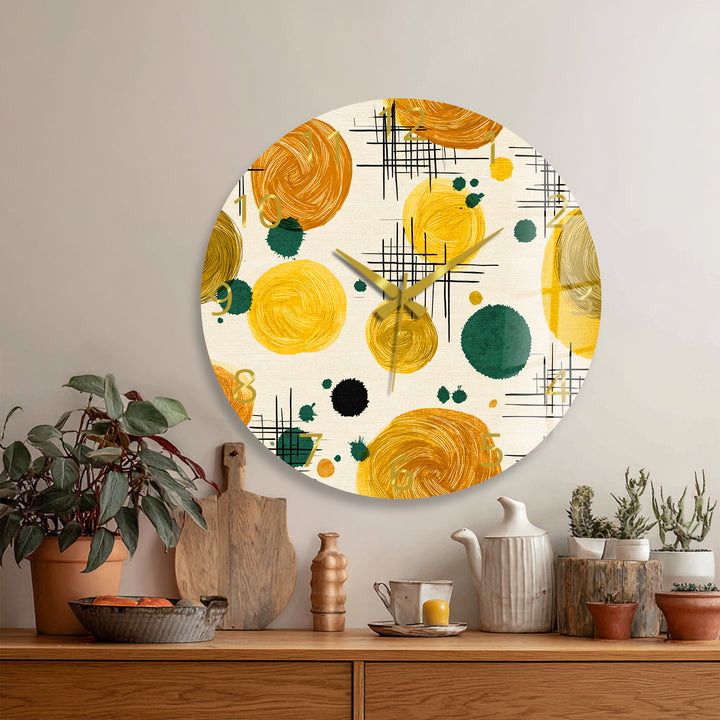 Mustard Yellow Glass Wall Clock – Retro Abstract Circle Art