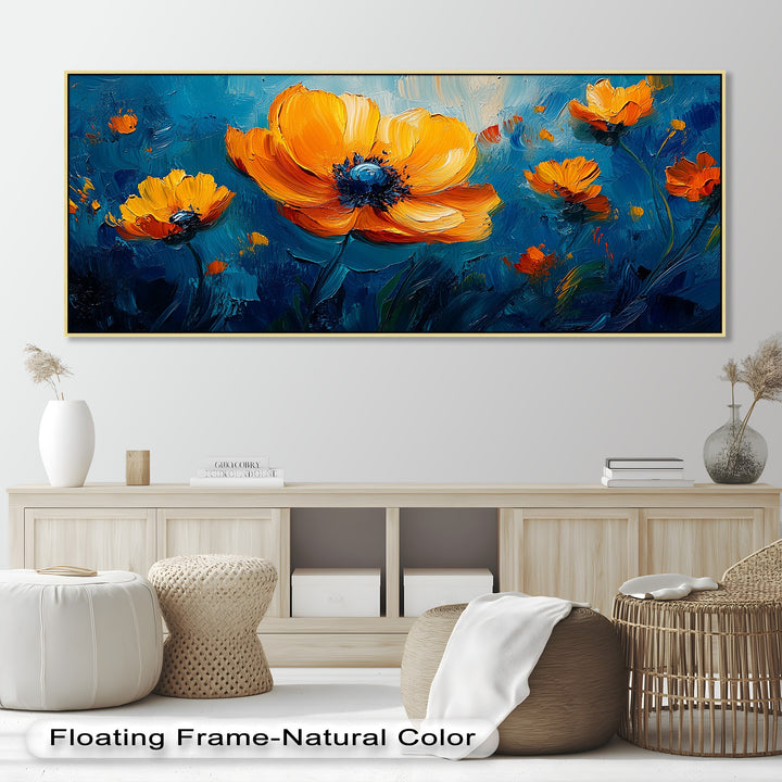Orange Flowers on Deep Blue - Flower Oil Painting