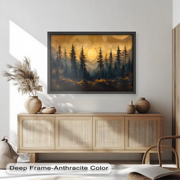 The soft light filtering through the trees adds depth and mystery, making this piece perfect for cozy, rustic, or nature-inspired interiors.

