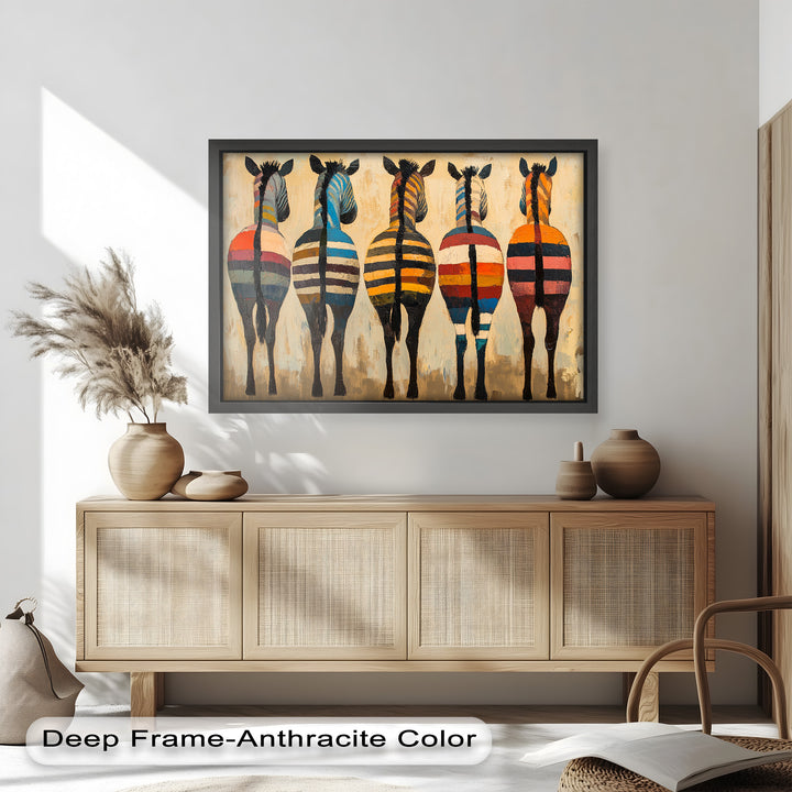 Five Colorful Zebras with Bold Stripes – Animal Oil Painting