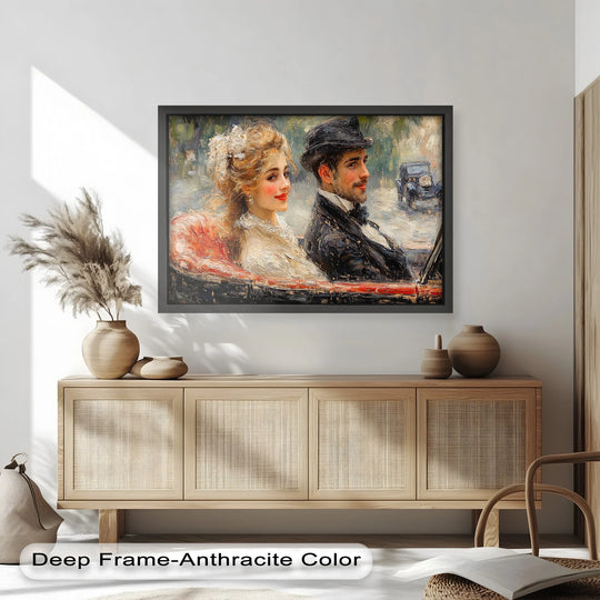 The ample negative space above the impressionist oil painting art piece emphasizes the vintage car and charming couple, drawing the eye to the portrait's intimate scene.