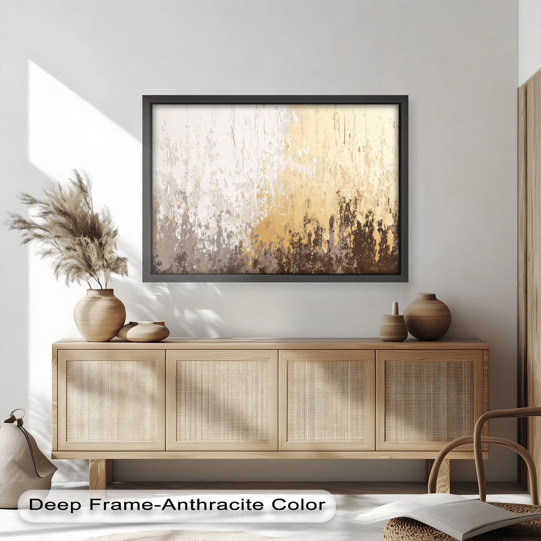 A modern abstract painting with textured brushstrokes blending white, gold, and earthy brown tones, creating a sophisticated and elegant look.