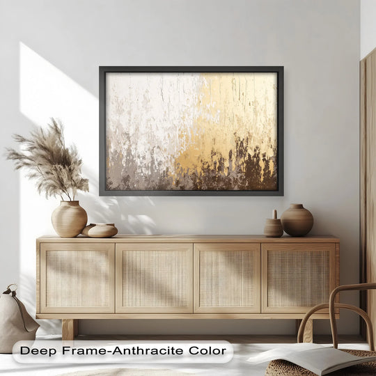 Displaying a textured gold and white modern oil painting art piece, the abstract quality evokes luxurious sophistication with warm tones.