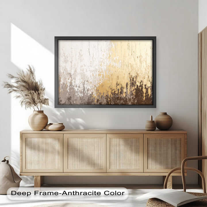 A modern abstract painting with textured brushstrokes blending white, gold, and earthy brown tones, creating a sophisticated and elegant look.