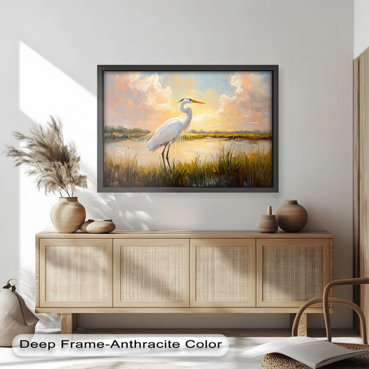 White Egret at Sunset – Animal Oil Painting