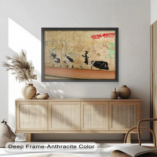 Depicting a weathered wall in this modern oil painting art, the backdrop of the street rebellion run features colorful graffiti amidst the children's escape.
