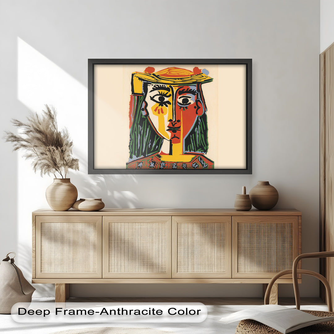 Bold Cubist portrait of a woman with a hat, featuring abstract facial divisions and vibrant colors in yellow, red, black, and green.