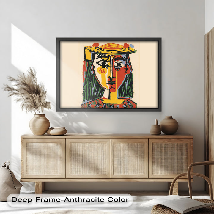 Bold Cubist portrait of a woman with a hat, featuring abstract facial divisions and vibrant colors in yellow, red, black, and green.